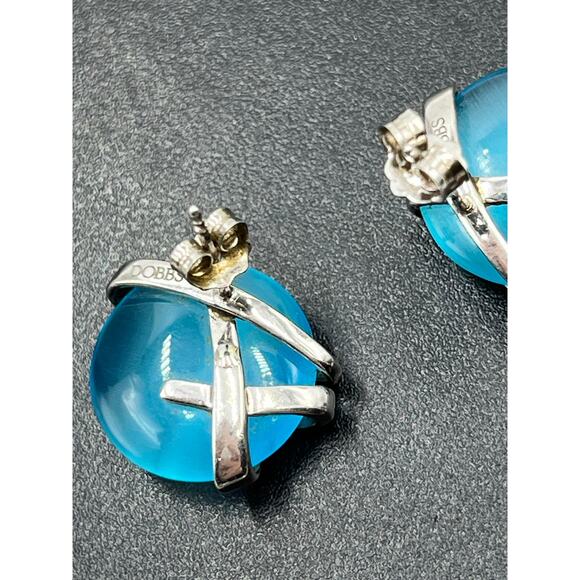 DOBBS 925 PE Sterling Silver Blue Stone Cabochon Pierced Earrings Vintage 5/8" - Picture 11 of 16